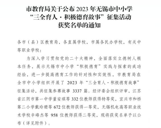 喜報！——機械工程學院黃希老師在2023年無錫市“三全育人?積極德育故事” 征集活動中榮獲特等獎